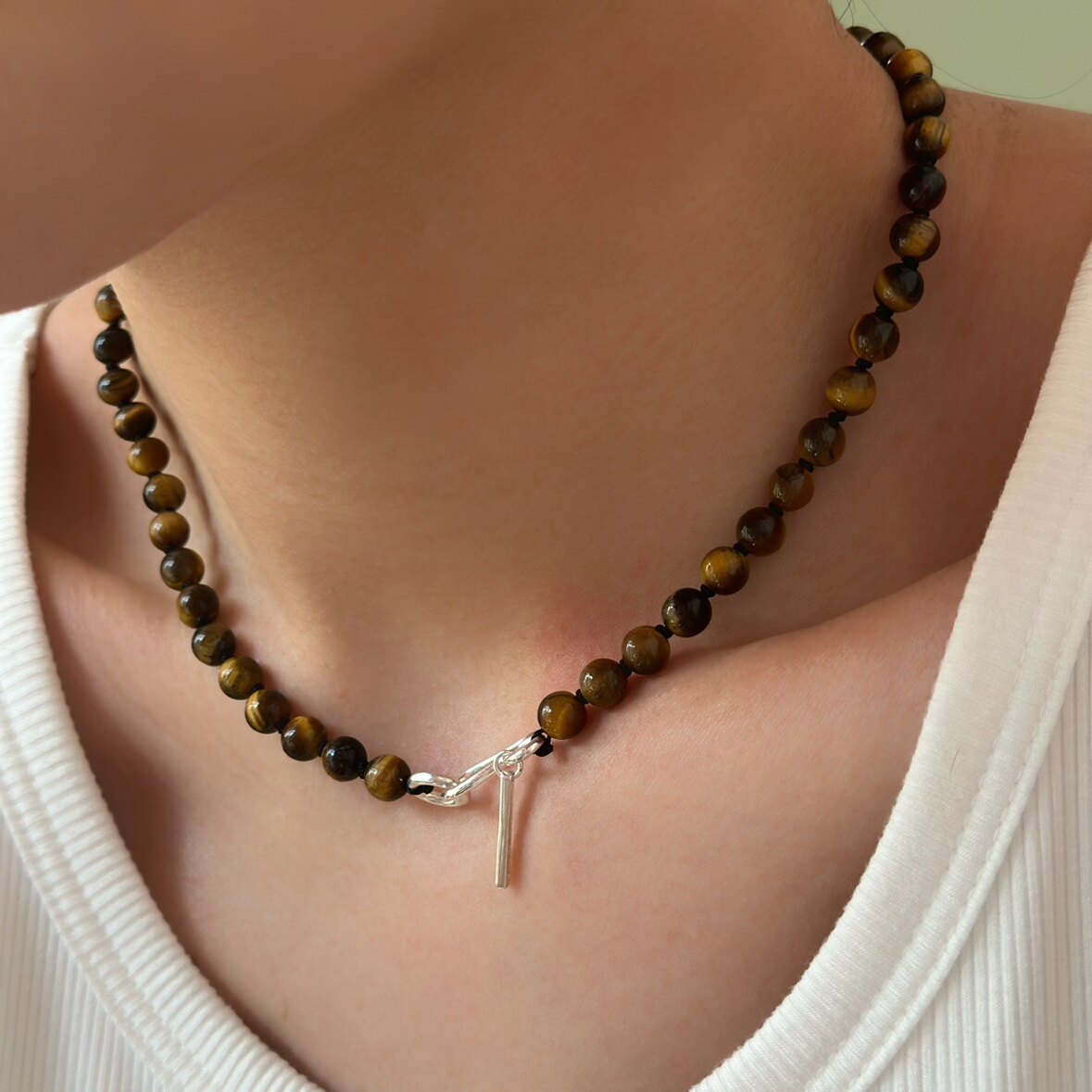 734号s925银虎眼石手工打结日常项链通勤锁骨链