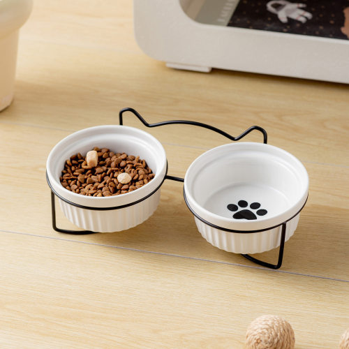 猫碗铁架陶瓷双碗斜口宠物碗保护颈椎条纹猫食盆猫咪粮碗饮水小碗