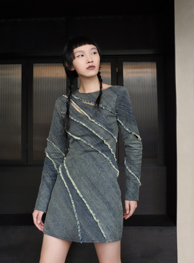 inbuilt原创设计师长复古修身长袖牛仔连衣裙高级感气质短裙