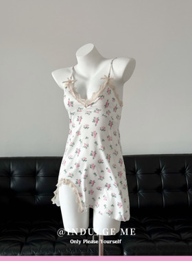 indulgeme几时花语*性感吊带睡裙粉色碎花短裙纯欲带胸垫女士睡衣