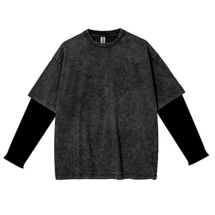 260克假两件纯棉重磅面料潮牌男女宽松宽松洗水T恤长袖 街头 美式