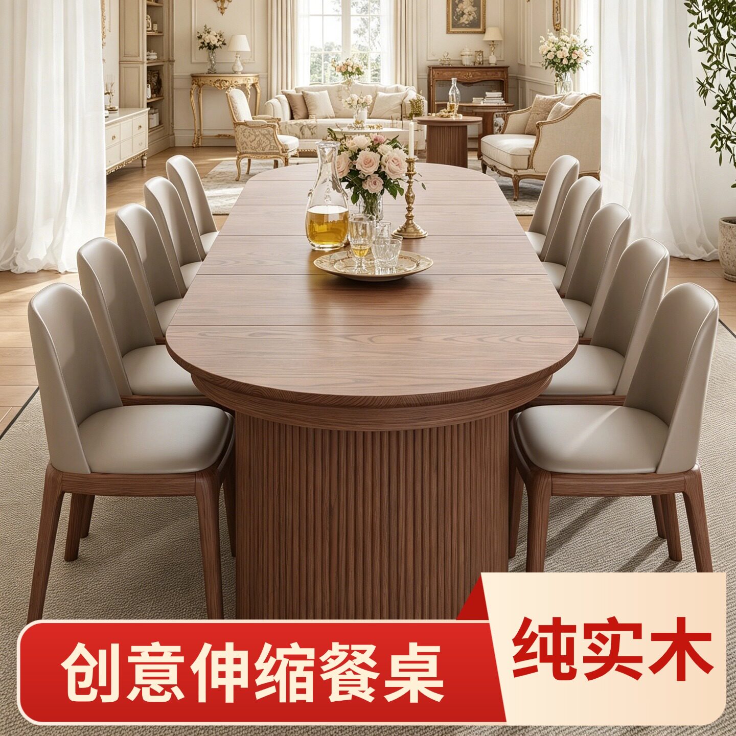 伸缩餐桌新款岛台一体实木1米3米酒店民宿长方形圆桌家用折叠餐桌