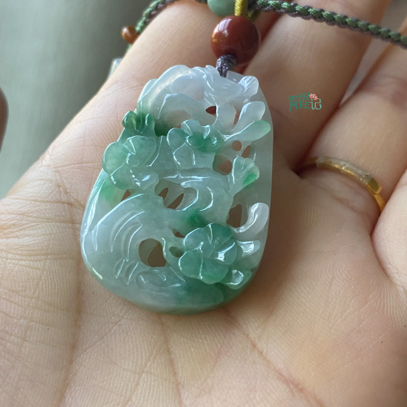 【青莲记】手工编制缅甸天然A货翡翠玉石飘阳绿镂空花鸟吊坠项链