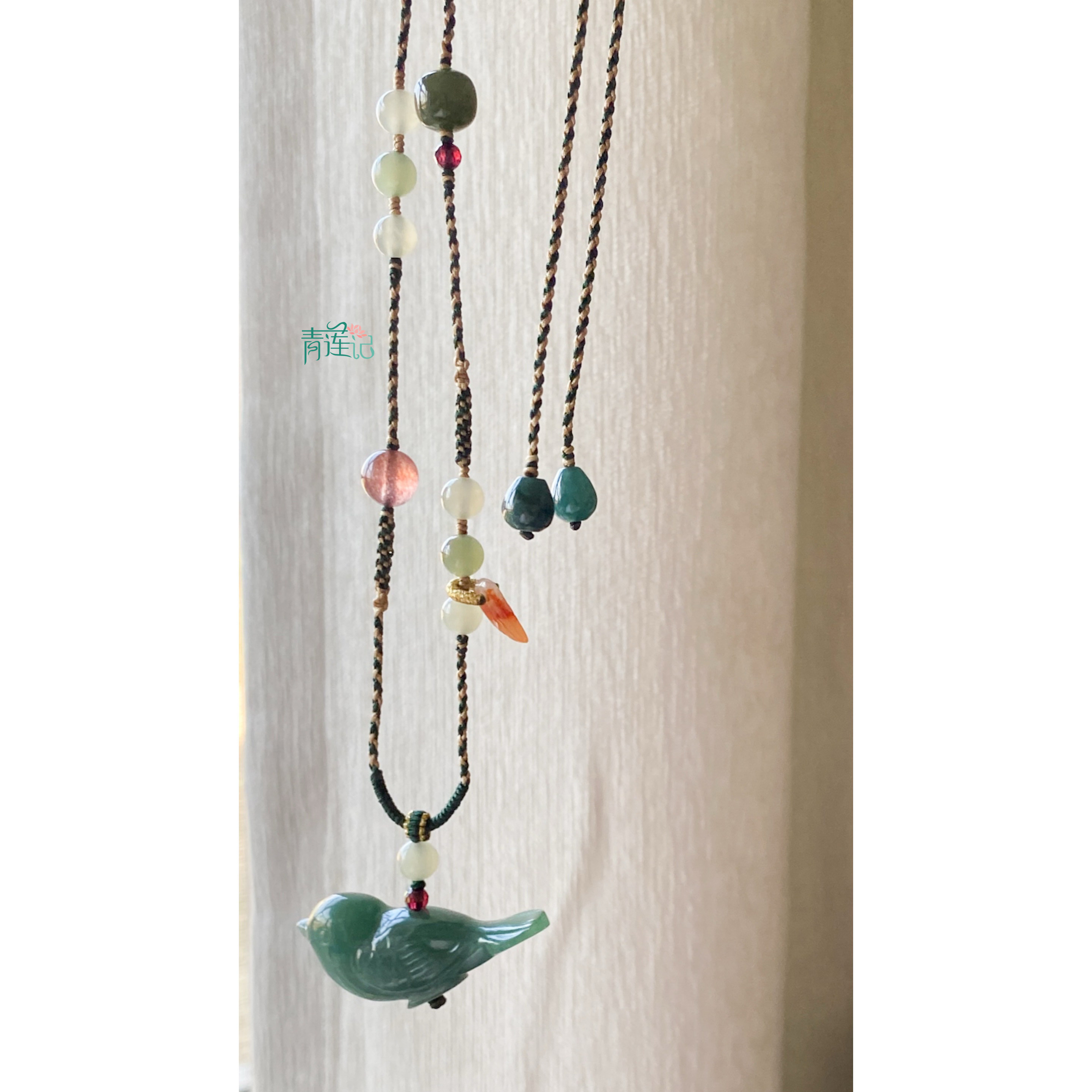 【青莲记】原创纯手工编织缅甸天然A货翡翠小鸟儿吊坠项链毛衣链