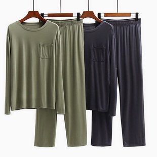 莫代尔裸感睡衣男可外穿宽松大码长袖透气薄款春夏季套装家居服