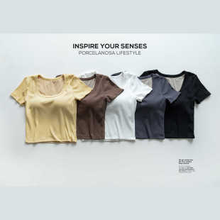 带胸垫打底短袖 棉U领短款 T恤女夏罩杯一体露脐半袖 清仓特价