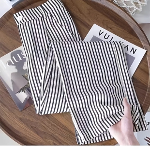 清仓捡漏竖条纹阔腿裤女士夏季薄款休闲裤子显瘦小个子窄版直筒裤