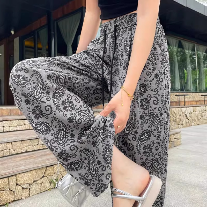 清仓捡漏复古印花缎面冰丝裤子女小个子窄版宽松阔腿裤遛弯防晒裤,女装/女士精品,大码裤装,淘宝优惠券,粉丝福利购,淘宝优惠卷