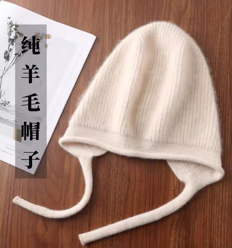 羊毛帽子女冬季针织帽护耳保暖可爱学生青年帽系带卷边羊毛线帽
