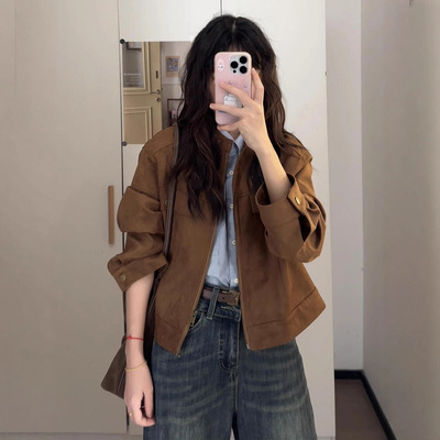 美拉德复古棕色夹克外套女春秋季2025新款早秋韩系小个子短款