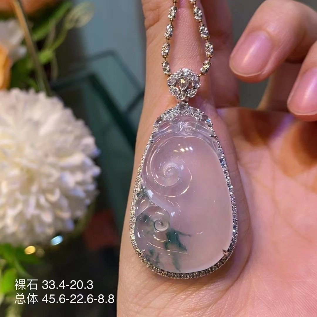 天然a货翡翠吊坠老坑玻璃种白冰飘花如意吊坠缅甸玉如意玉佩挂件