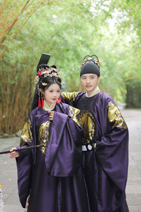 琉鱼汉服新品柿狮如意明制圆领袍男女紫色宫廷华丽汉婚礼服仿螺钿