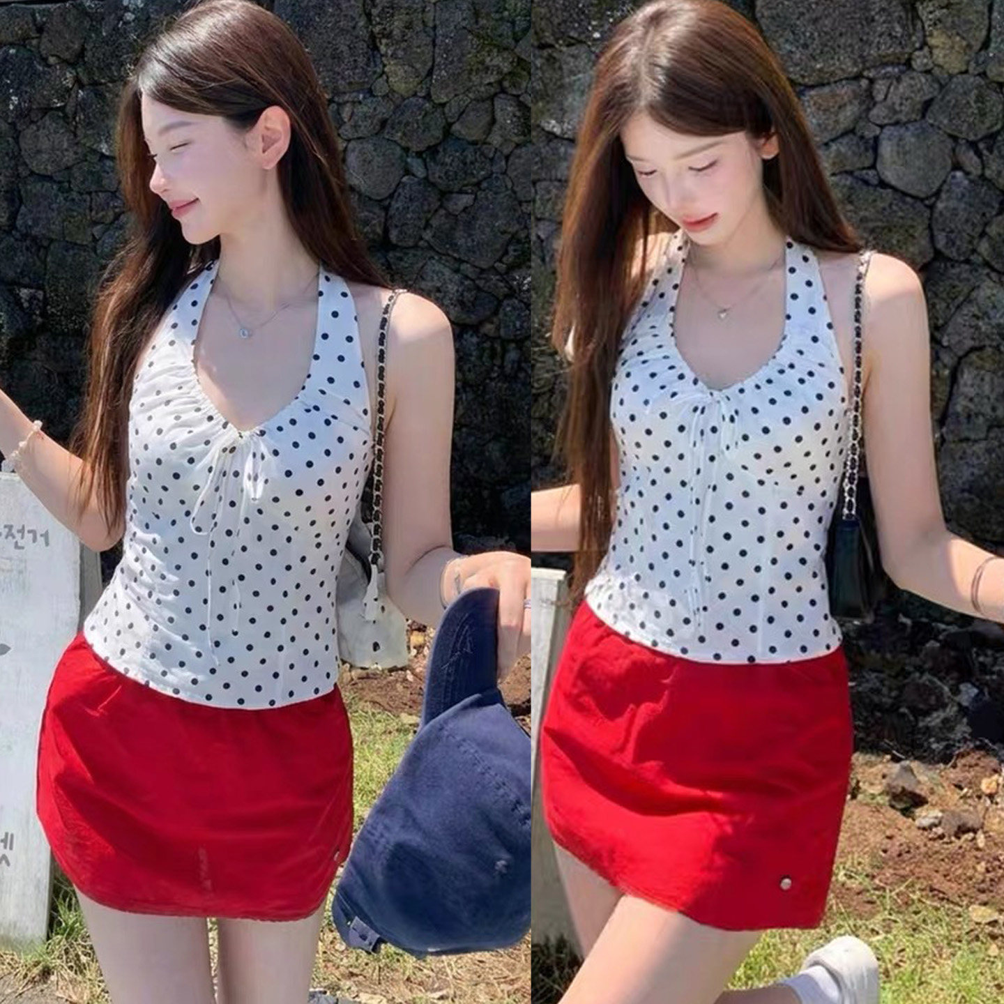 复古波点挂脖背心女夏季外穿