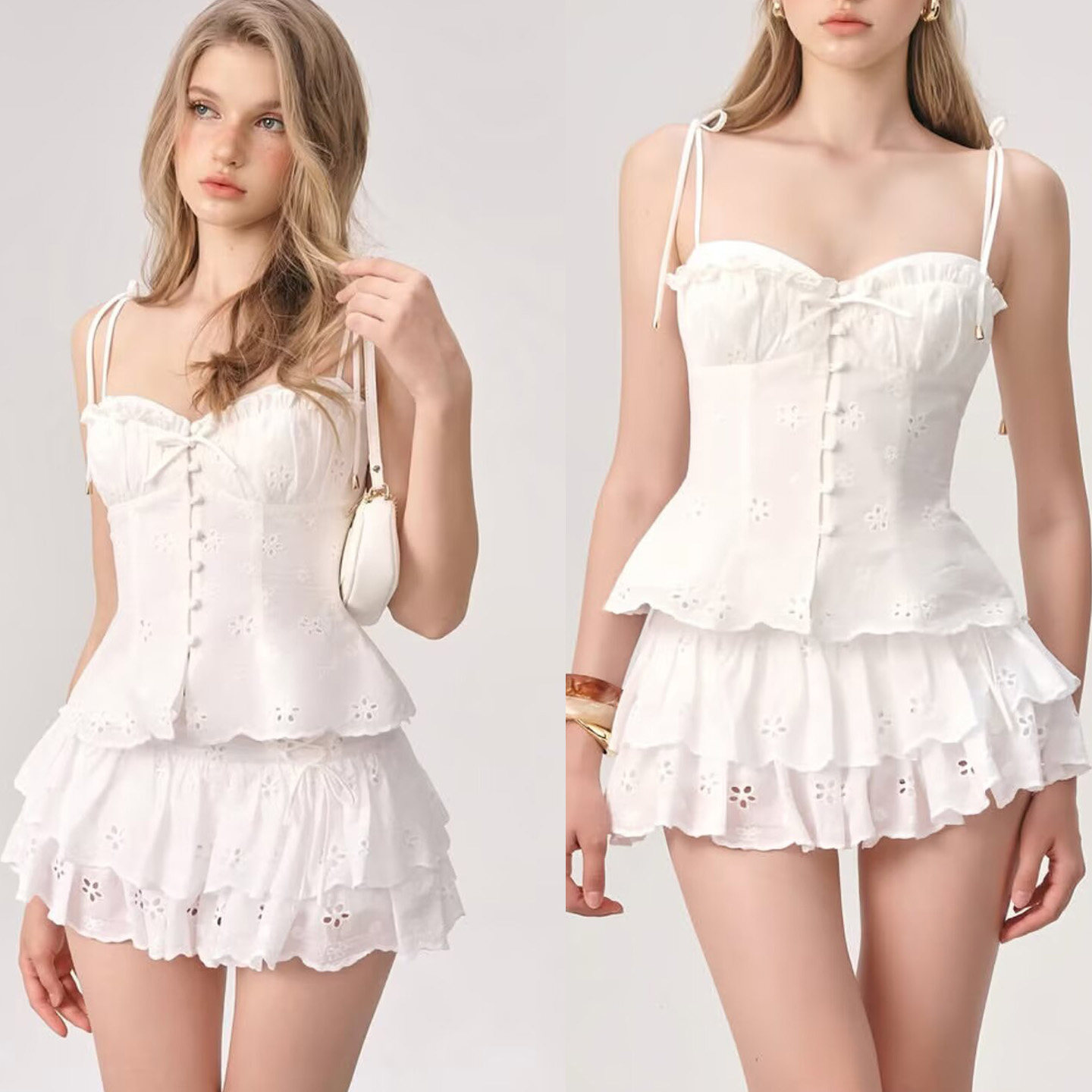 野生街拍 越南小众蕾丝镂空刺绣甜美温柔小吊带绑带蛋糕裙两件套,女装/女士精品,时尚套装,淘宝优惠券,粉丝福利购,淘宝优惠卷