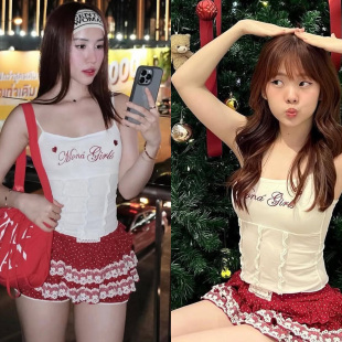 上衣 爱心字母刺绣木耳吊带辣妹小背心弹力修身 甜心宝贝 博主同款