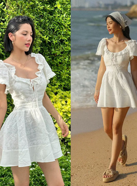 芭蕾舞曲 蕾丝刺绣镂空露背宽松短袖收腰白色气质显瘦连衣裙短裙