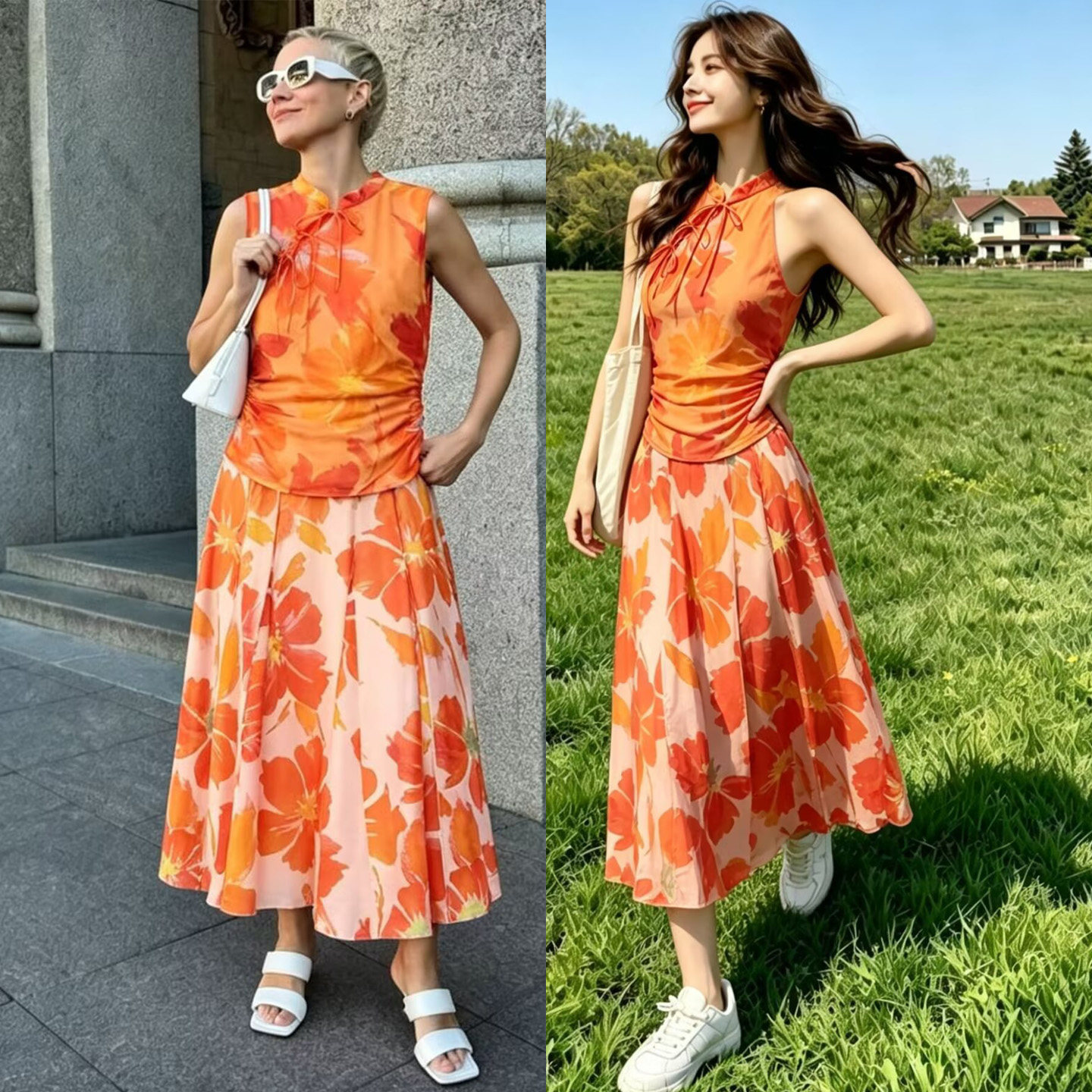 夏季宽松蝴蝶结背心半身裙套装