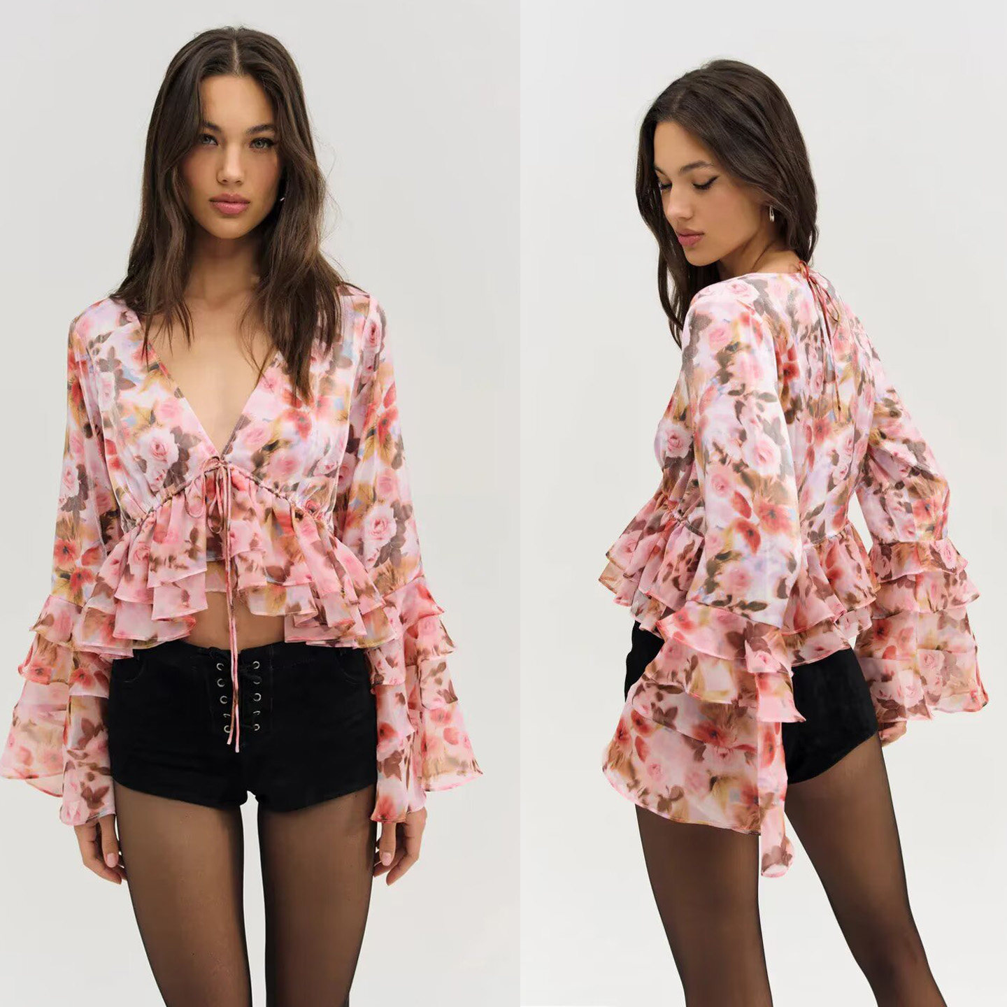 邂逅航海风 复古柔美浪漫喇叭袖印花绑带V领款式雪纺衫叠层上衣女,女装/女士精品,蕾丝衫/雪纺衫,淘宝优惠券,粉丝福利购,淘宝优惠卷