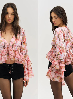 邂逅航海风 复古柔美浪漫喇叭袖印花绑带V领款式雪纺衫叠层上衣女