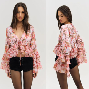 邂逅航海风 复古柔美浪漫喇叭袖印花绑带V领款式雪纺衫叠层上衣女