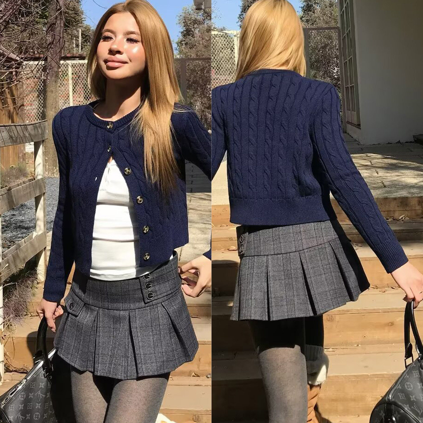 学院风高腰格子摆着半身裙