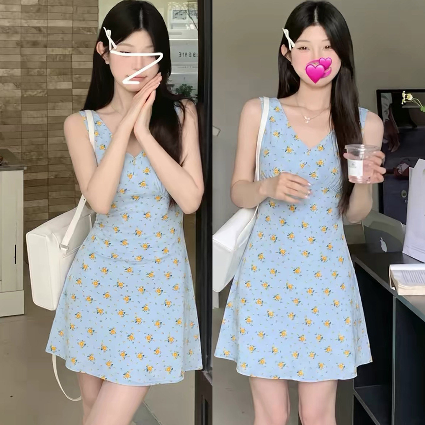 欧美V领碎花连衣裙收腰背心裙