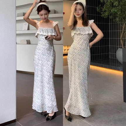 山野清风 甜美气质碎花吊带裙性感露背蕾丝拼接休闲茶歇裙过膝裙