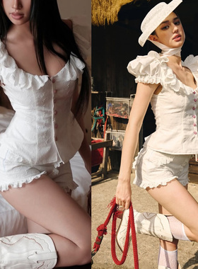 夏日序曲 法式复古花边领泡泡袖修身单排扣上衣越南设计师款衬衫