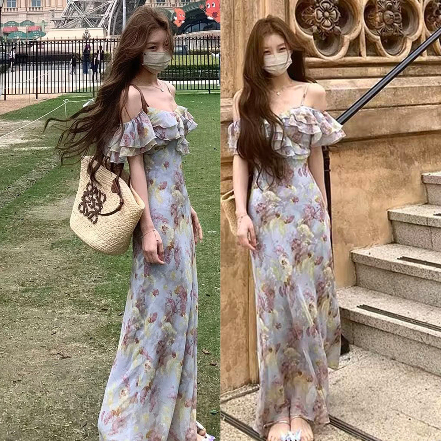 碎花吊带过膝女人味一字肩长裙图片
