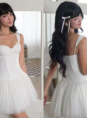天鹅舞曲 甜美网纱蓬蓬a字吊带裙法式夏日度假风蝴蝶结优雅短裙女