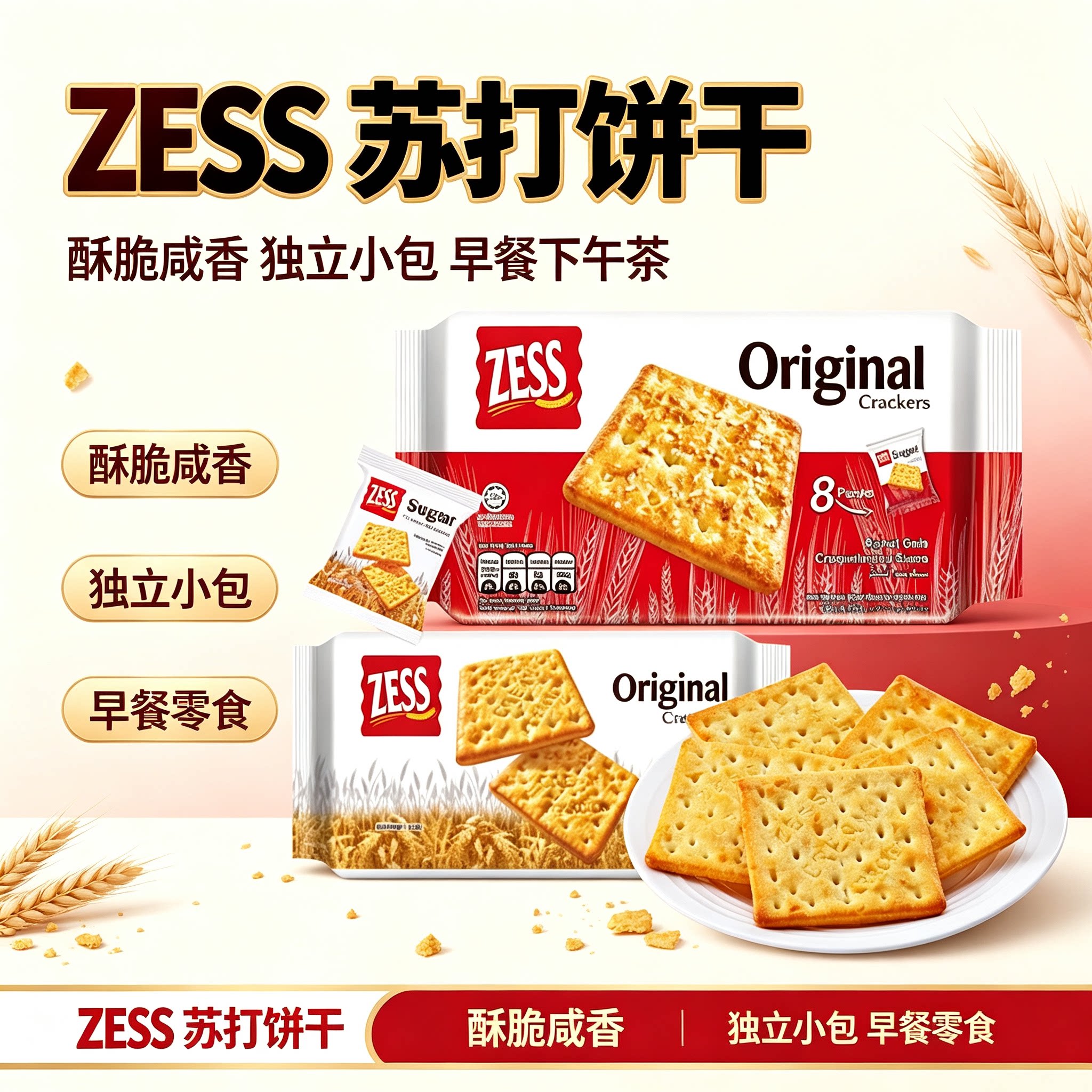 马来西亚进口ZESS杰思原味苏打甜糖饼干独立小包装代餐下午茶零食