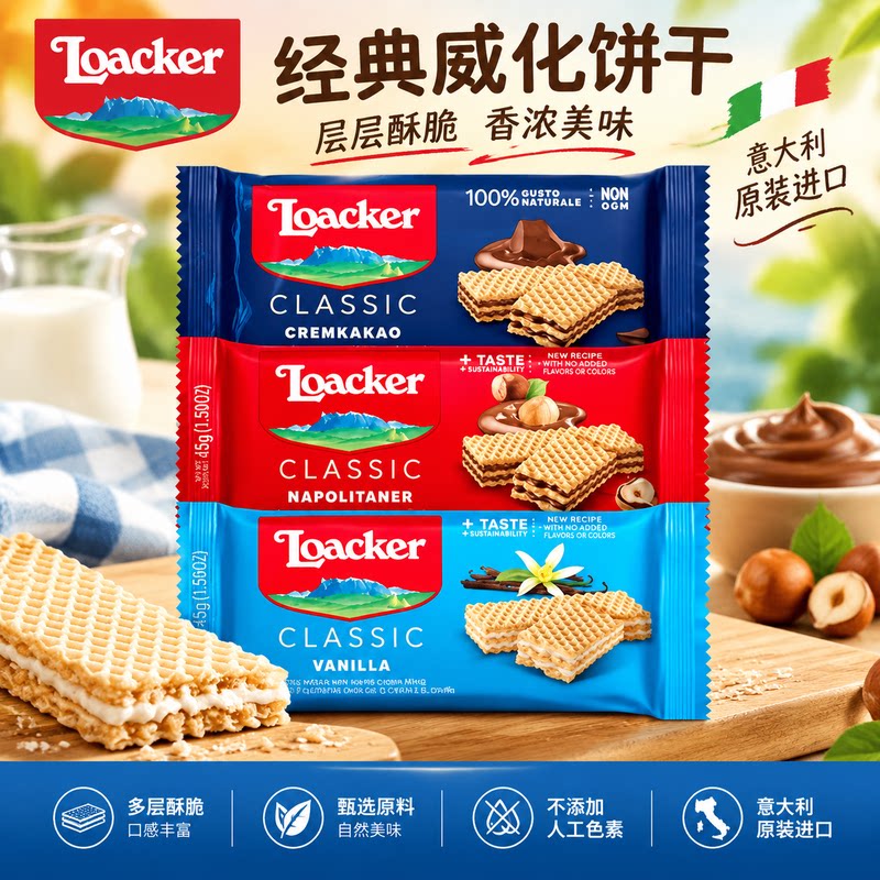 意大利莱家威化45g香草榛子牛奶巧克力整件零食饼干混装威化饼干