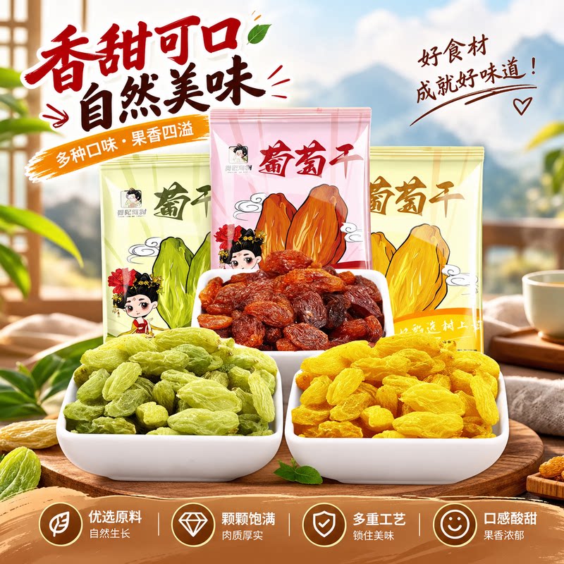 贵妃驾到三色葡萄干红绿黄无核葡萄干大颗粒果干休闲袋装零食烘焙