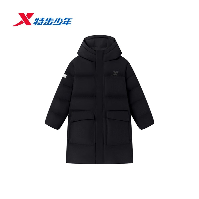 特步儿童男大童连帽保暖中长款羽绒服防风2025冬新款6754251A4083