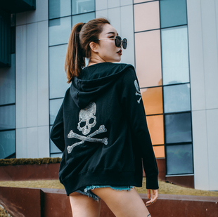 原创骷髅头水钻潮牌情侣款连帽街头新款休闲拉锁开衫女卫衣女外套