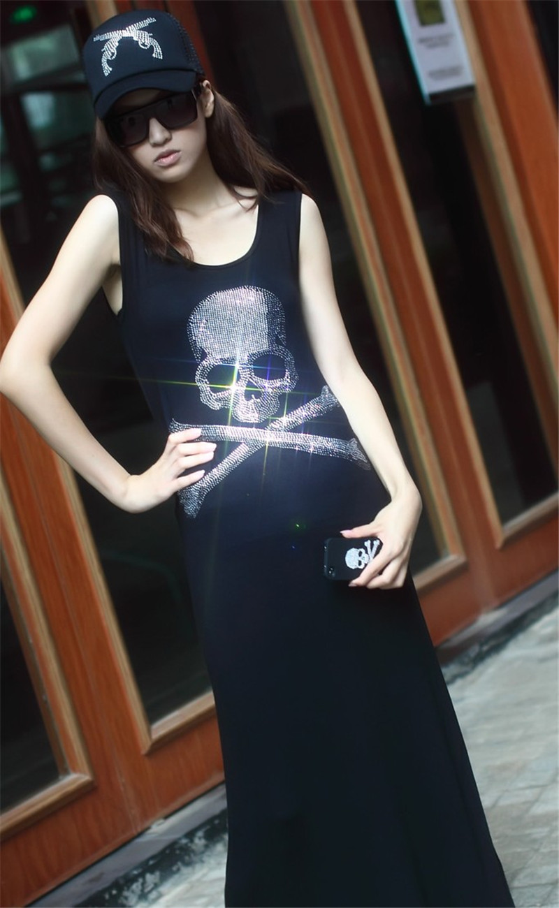 背心莫代尔连衣裙骷髅头休闲烫钻