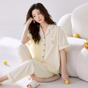 家居服可外穿纯色套装 睡衣女翻领开衫 纯棉夏季 短袖 米黄6141 长裤