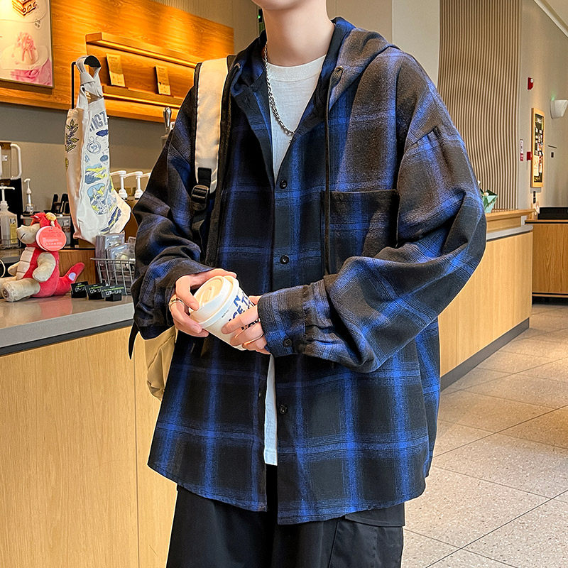 格子衬衫男长袖外套连帽春秋新款