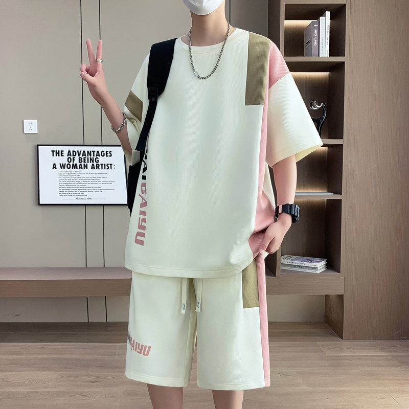 夏季冰丝套装男士宽松薄款潮牌短袖t恤短裤潮流休闲帅气搭配一套