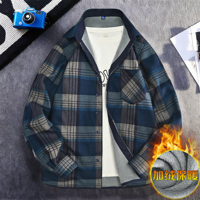 格子衬衫男长袖潮牌保暖寸衫加绒
