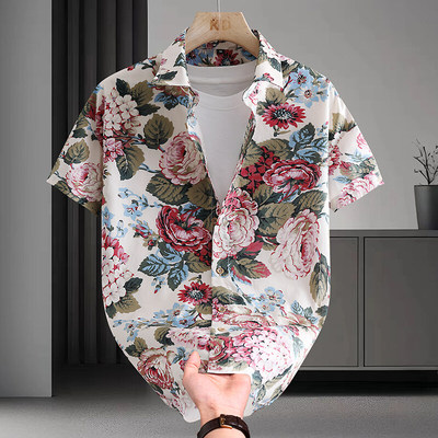 100%纯棉衬衫男夏外穿短袖轻奢威夷花衬衣2025新款休闲宽松大码潮