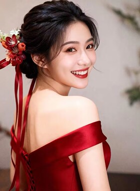 新娘红色仿真花头饰新中式订婚