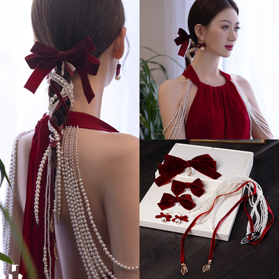 新娘头饰酒红色蝴蝶结宴会礼服