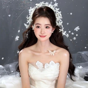 新娘头饰森系超仙灵动蕾丝蝴蝶发箍韩式发饰婚纱礼服影楼拍照配饰