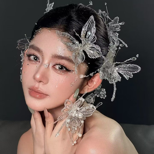 新娘仙气水晶蝴蝶发夹婚礼拍照