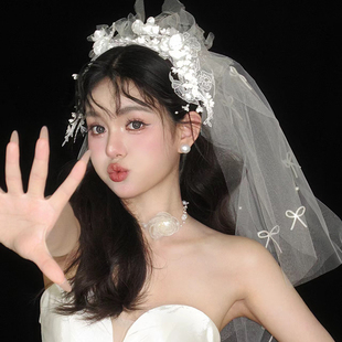 新款法式复古花朵头饰头纱结婚新娘拍照婚纱道具领证珍珠造型韩式