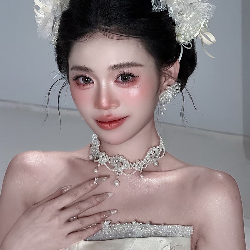 新娘头饰法式复古珍珠花朵项链