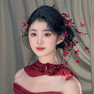 新娘头饰红色花朵中式发饰森系结婚2025新款旗袍敬酒礼服旗袍配饰