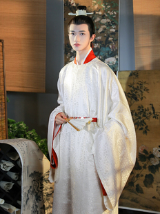 出租 君陈白色浅金暗花缎传统男装汉服宋制圆领袍䙆袍-元晏伴郎服