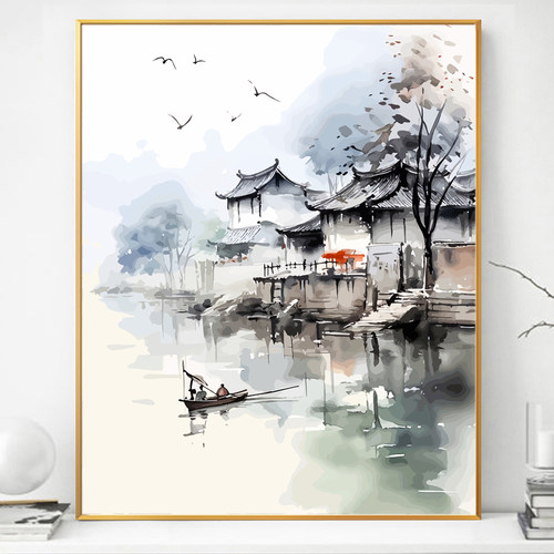 江南印象水墨画画diy数字油画填充填色2024新款手绘涂色手工油彩
